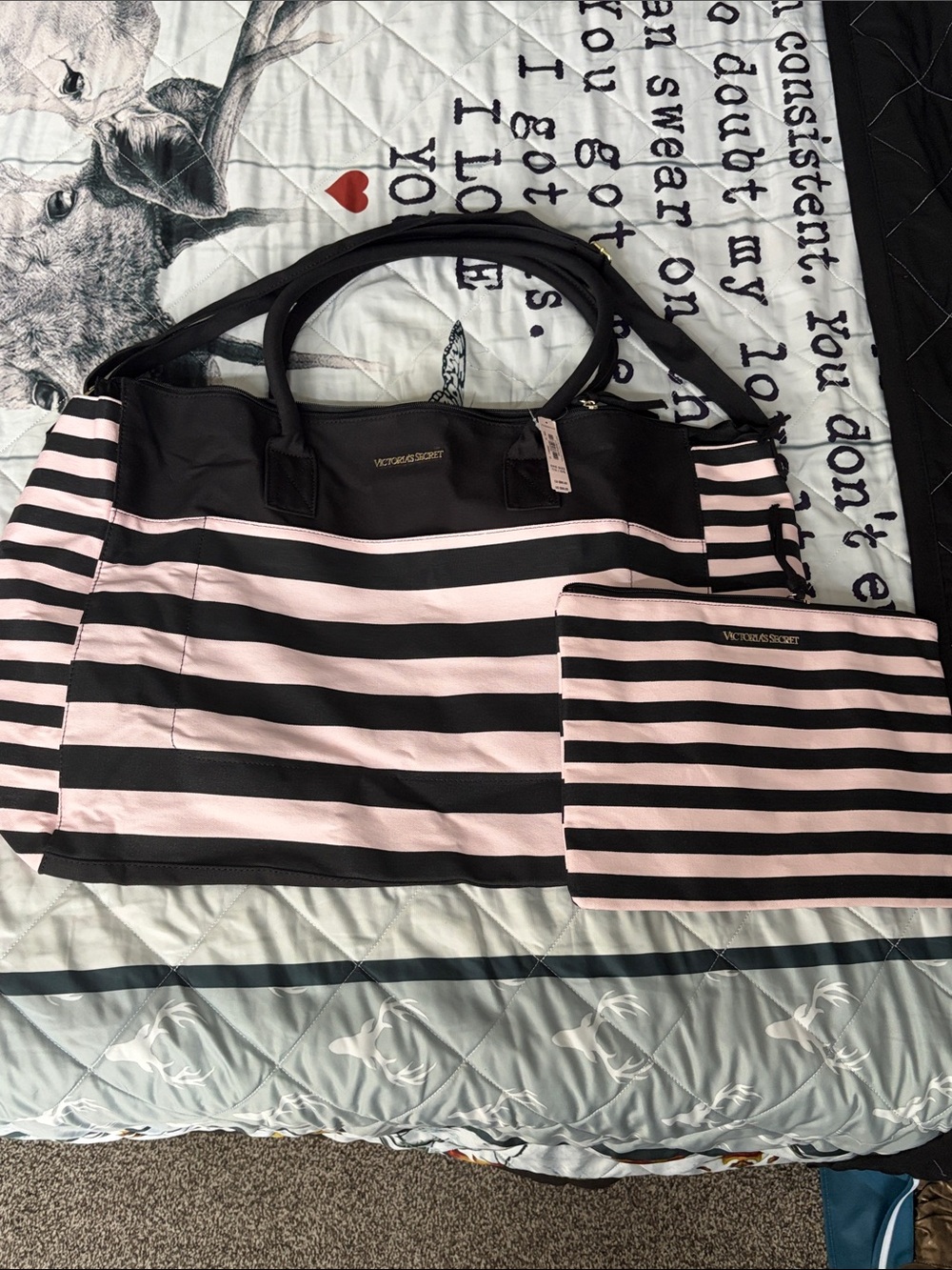 Victoria's Secret Black and Pink Striped Tote with Matching Pouch